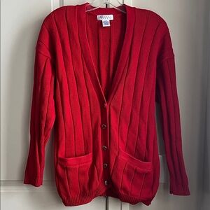 Vintage Evan Picone Sport Cotton Vivid Red Chunky Ribbed Cardigan